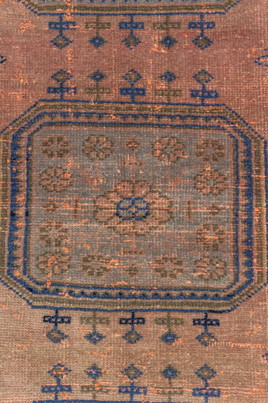 3' x 10' one-of-a-kind handmade vintage Oushak runner rug. Color palette: taupe, navy, rose, terra cotta, slate, olive
