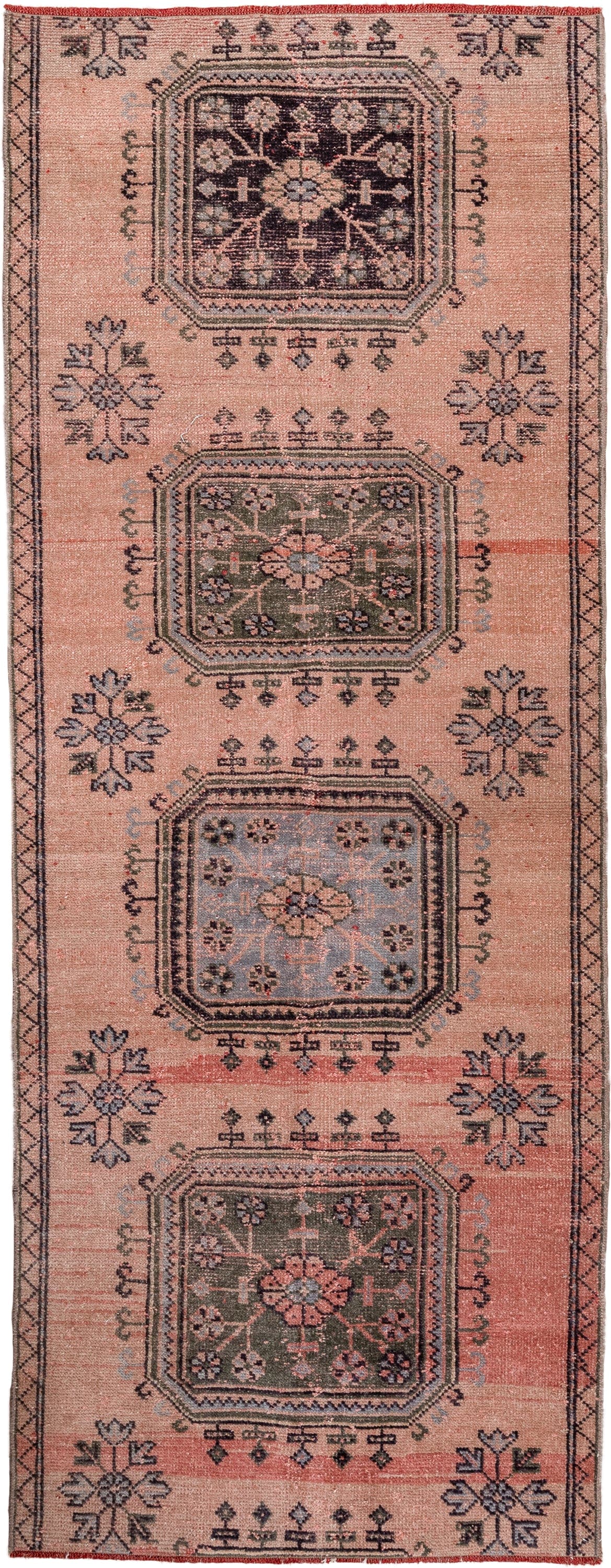 3' x 8' one-of-a-kind handmade vintage Ouzbek runner rug. Color palette: rose, blush, charcoal, slate, muted olive