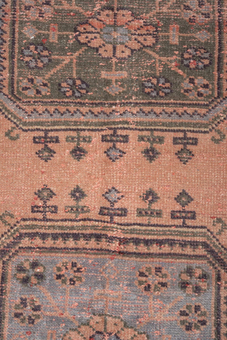 3' x 8' one-of-a-kind handmade vintage Ouzbek runner rug. Color palette: rose, blush, charcoal, slate, muted olive
