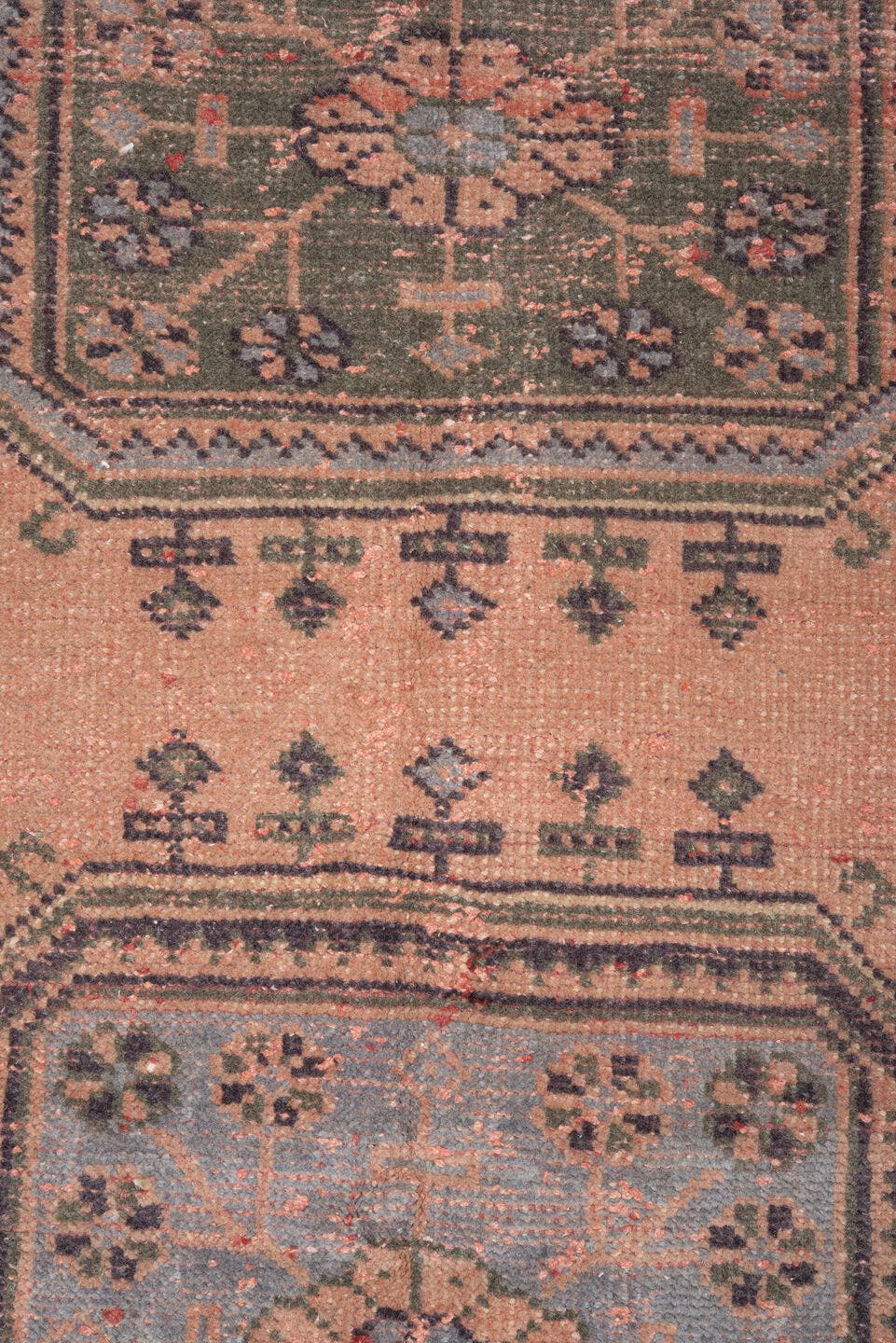 3' x 8' one-of-a-kind handmade vintage Ouzbek runner rug. Color palette: rose, blush, charcoal, slate, muted olive