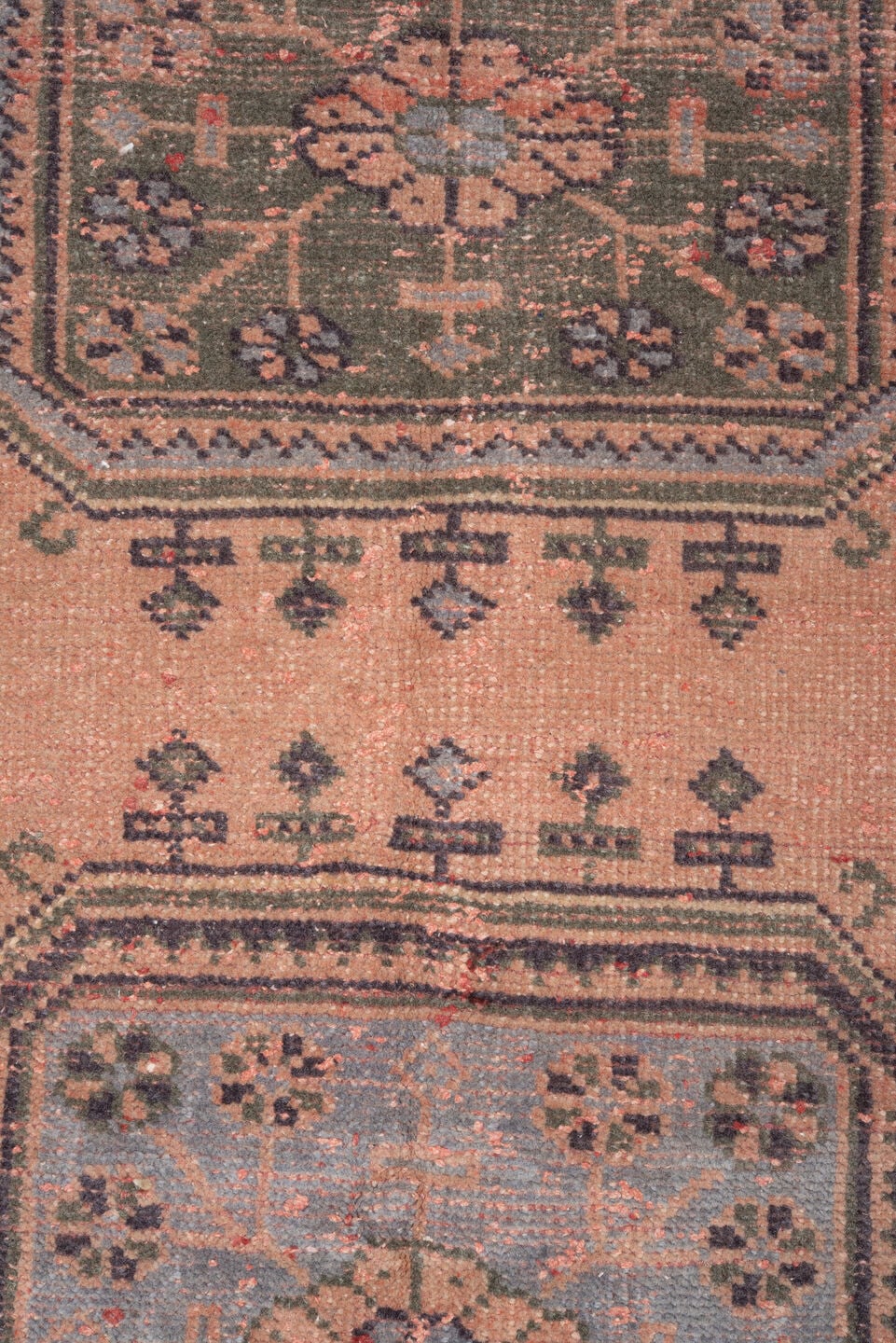 3' x 8' one-of-a-kind handmade vintage Ouzbek runner rug. Color palette: rose, blush, charcoal, slate, muted olive