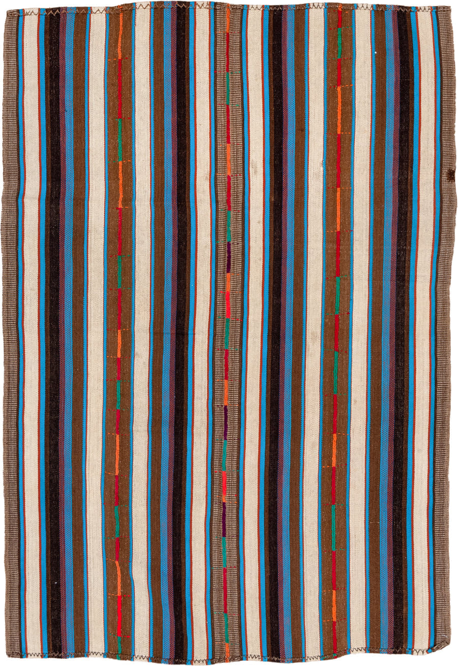 5' x 7' one-of-a-kind handmade vintage Kilim rug. Color palette: ivory, brown, turquoise, charcoal, taupe, rust, crimson