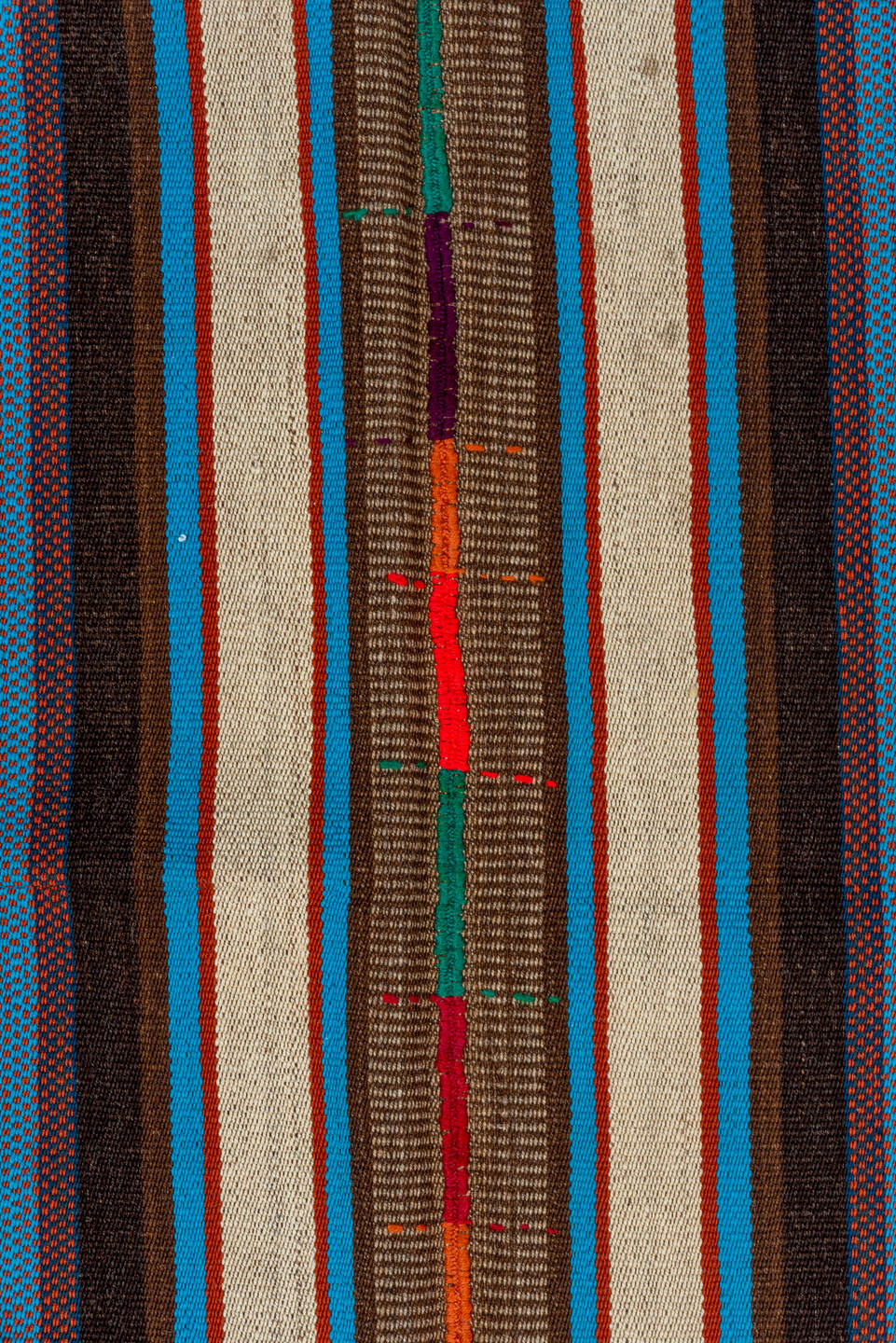 5' x 7' one-of-a-kind handmade vintage Kilim rug. Color palette: ivory, brown, turquoise, charcoal, taupe, rust, crimson