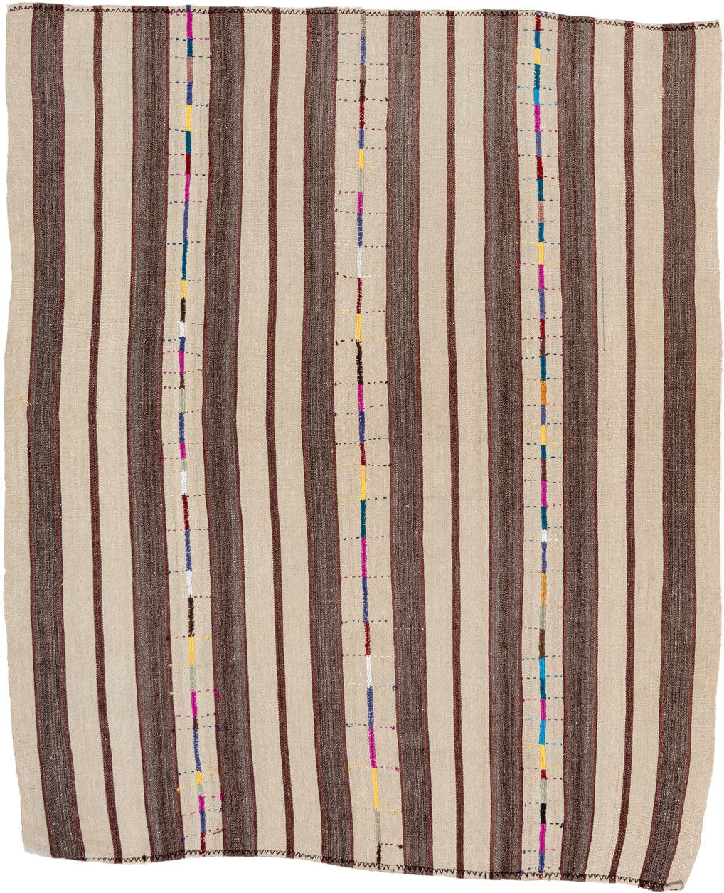6' x 7' one-of-a-kind handmade vintage Kilim rug. Color palette: ivory, brown, taupe, charcoal, magenta, cobalt, gold, teal