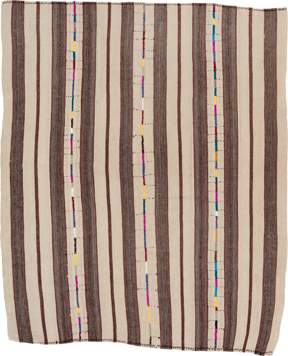 6' x 7' one-of-a-kind handmade vintage Kilim rug. Color palette: ivory, brown, taupe, charcoal, magenta, cobalt, gold, teal