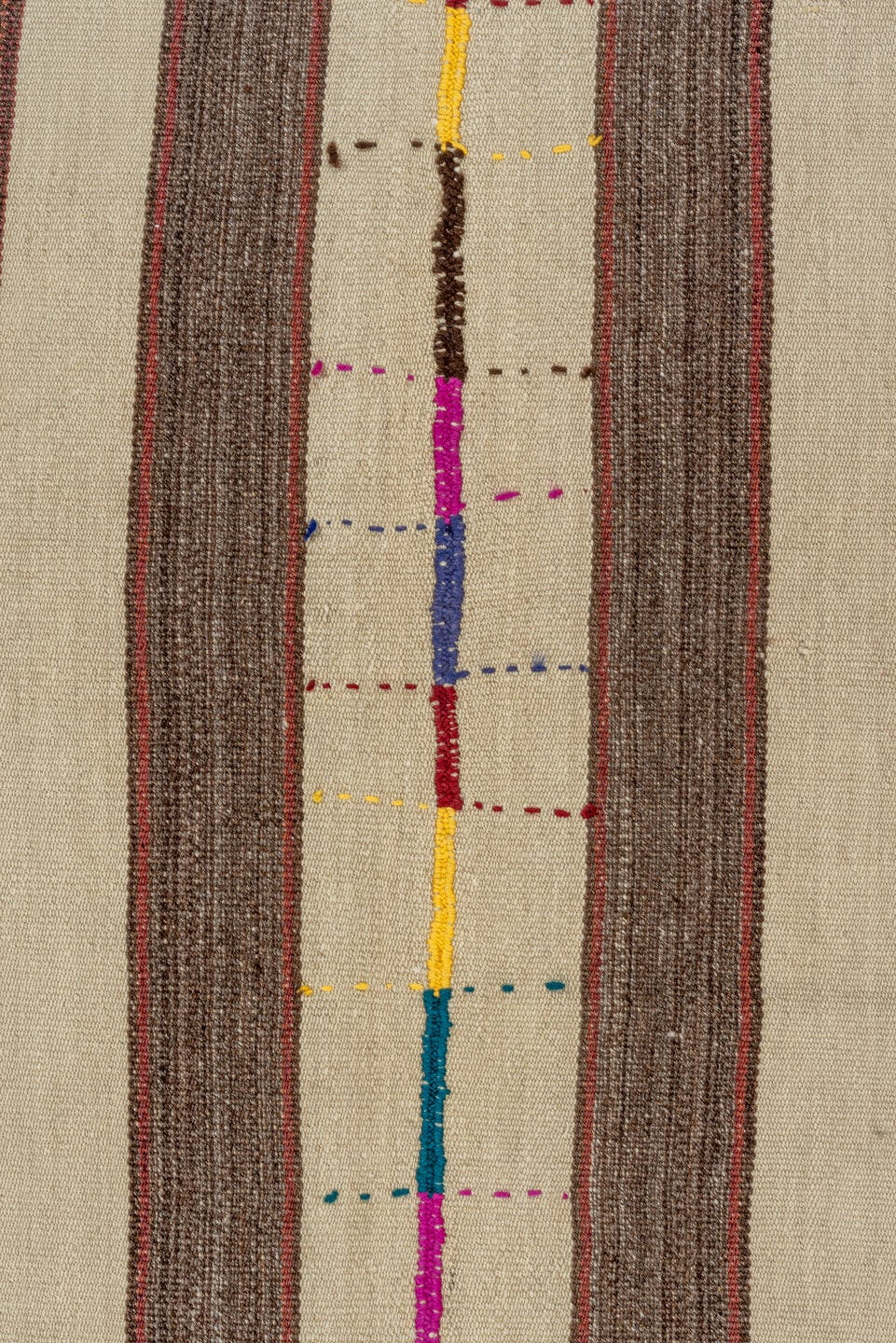 6' x 7' one-of-a-kind handmade vintage Kilim rug. Color palette: ivory, brown, taupe, charcoal, magenta, cobalt, gold, teal