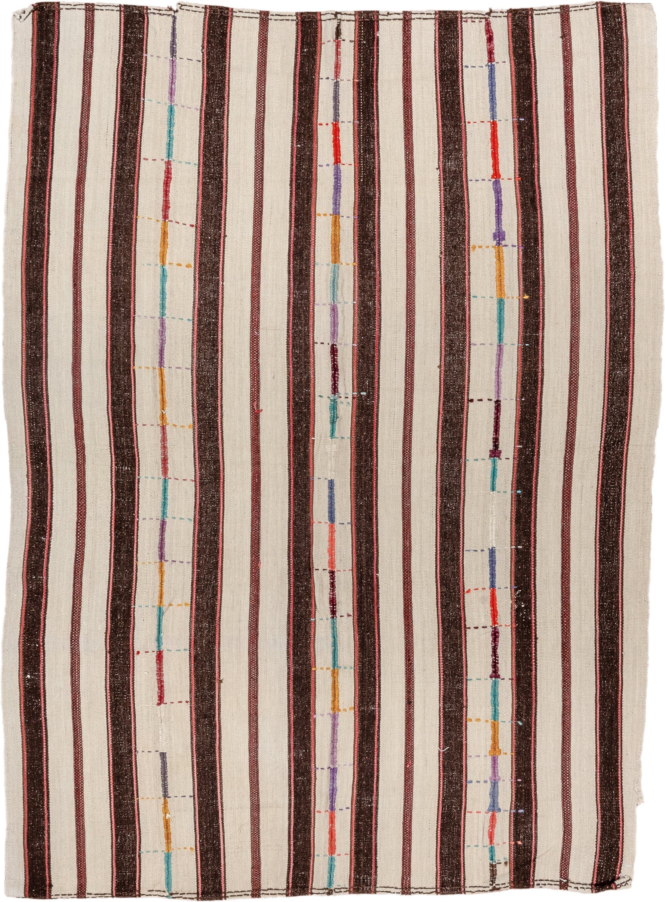 5' x 7' one-of-a-kind handmade vintage Kilim rug. Color palette: ivory, charcoal, burgundy, rose, turquoise, gold, lavender
