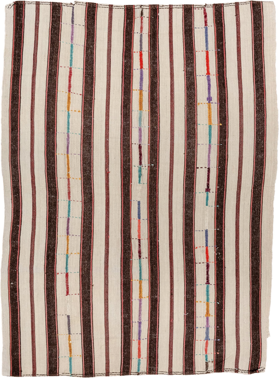 5' x 7' one-of-a-kind handmade vintage Kilim rug. Color palette: ivory, charcoal, burgundy, rose, turquoise, gold, lavender