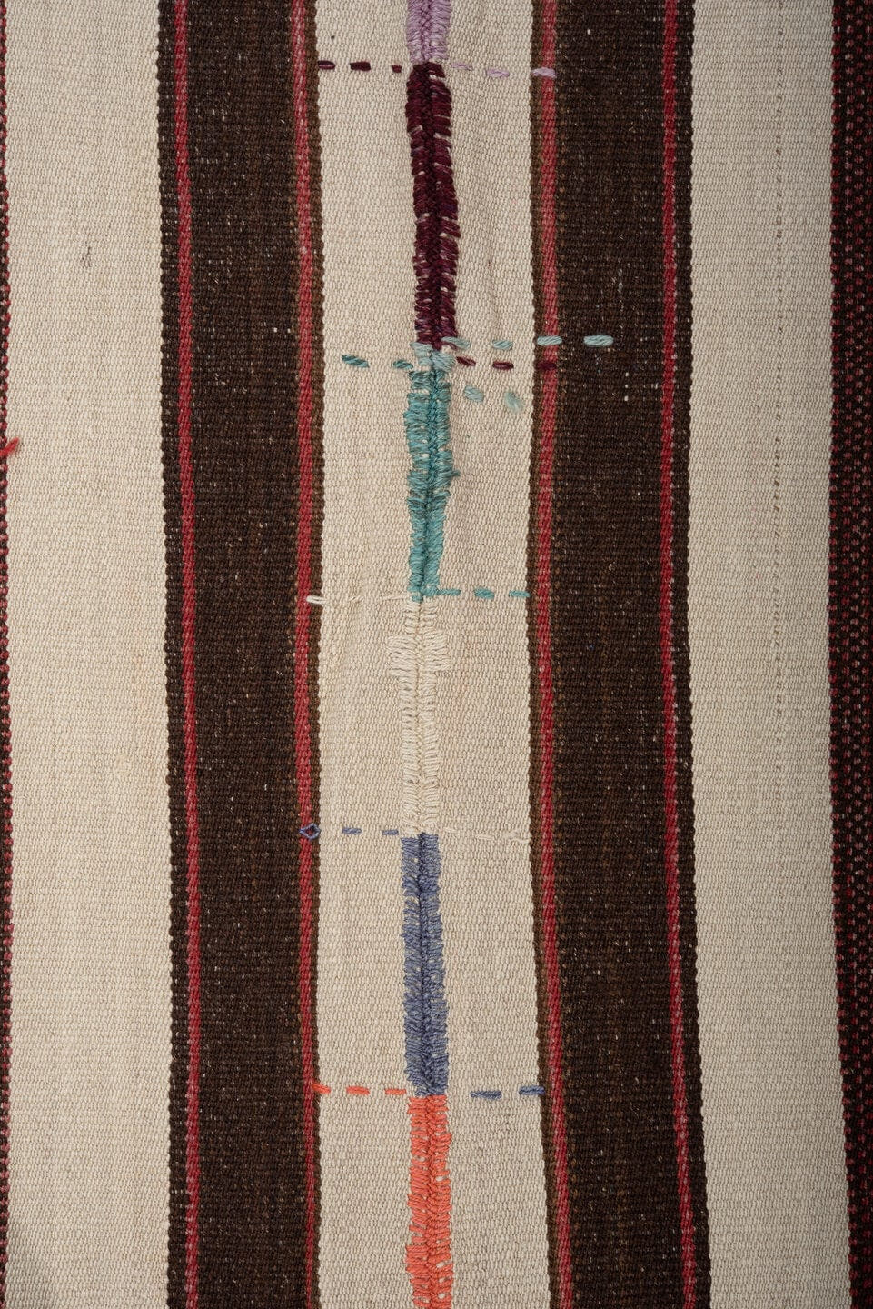 5' x 7' one-of-a-kind handmade vintage Kilim rug. Color palette: ivory, charcoal, burgundy, rose, turquoise, gold, lavender