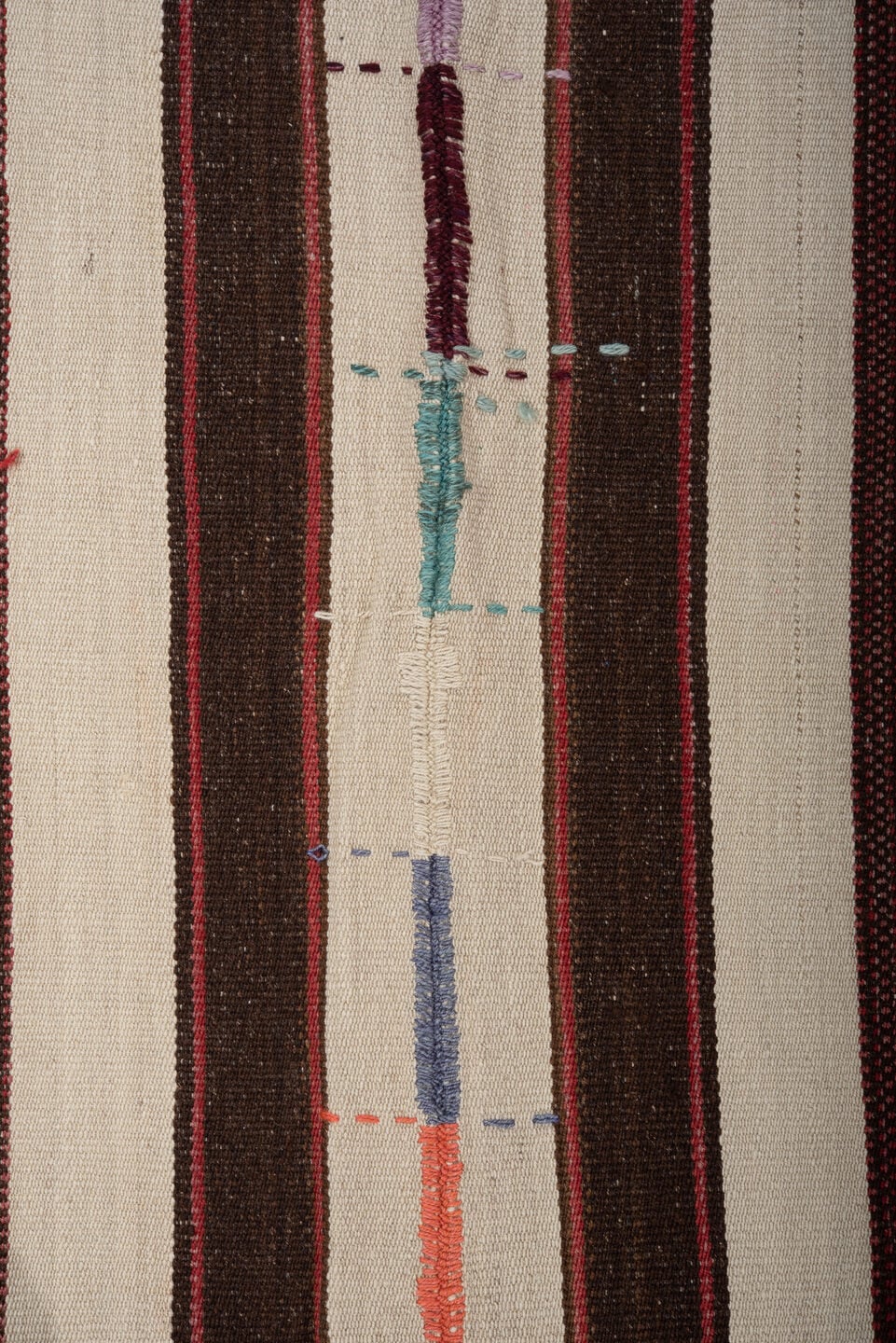 5' x 7' one-of-a-kind handmade vintage Kilim rug. Color palette: ivory, charcoal, burgundy, rose, turquoise, gold, lavender