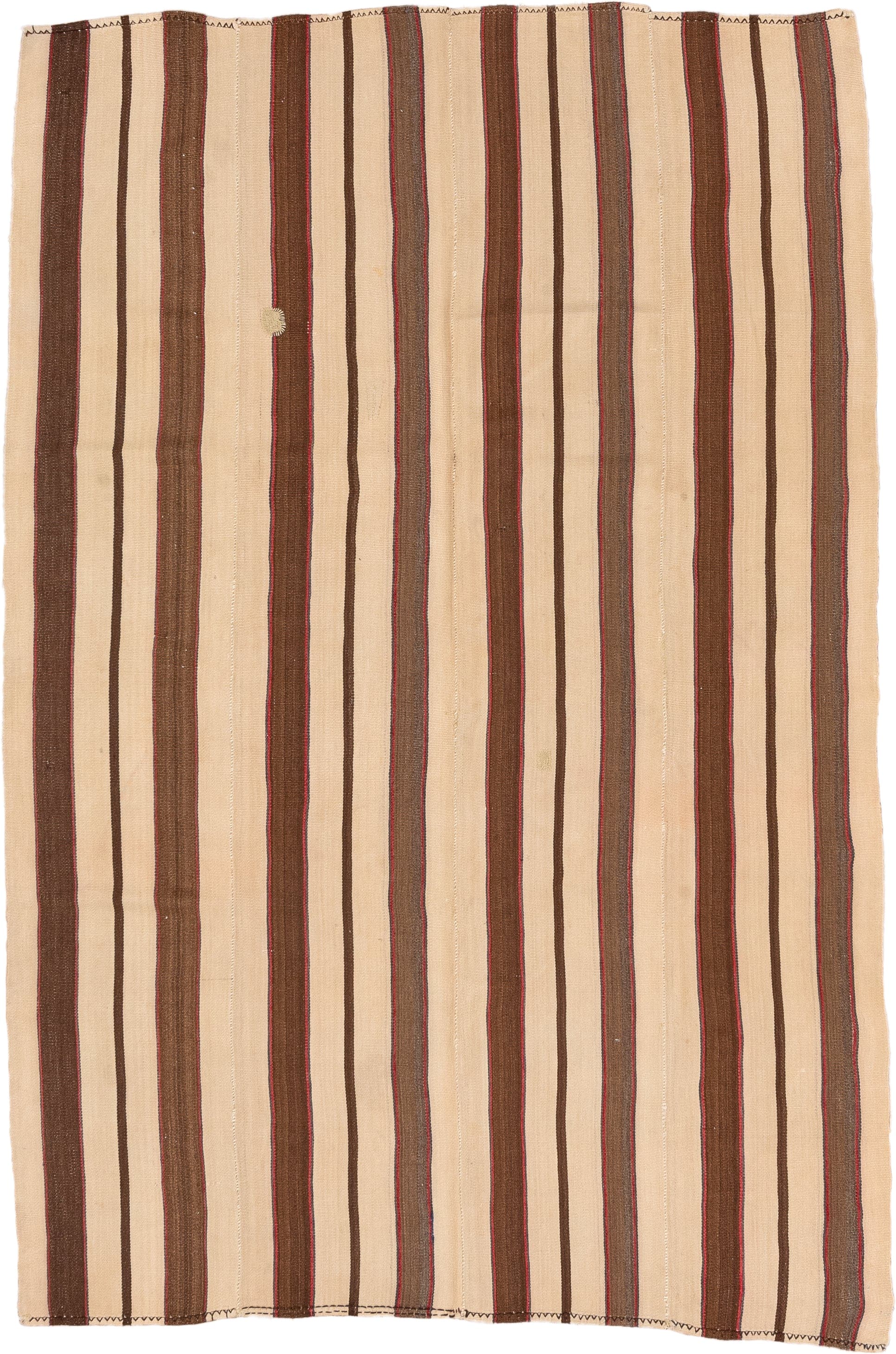 5' x 8' one-of-a-kind handmade vintage Kilim medium size rug. Color palette: ivory, brown, charcoal, rust, taupe, gray