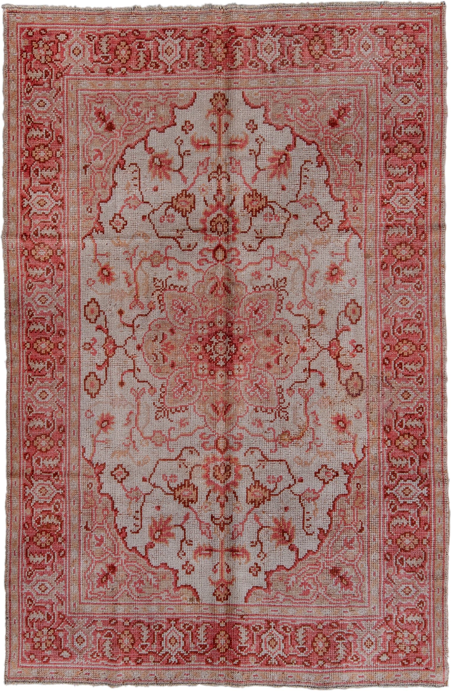 6' x 9' one-of-a-kind handmade vintage Oushak medium size rug. Color palette: ivory, rose, rust, blush, taupe, camel, pink
