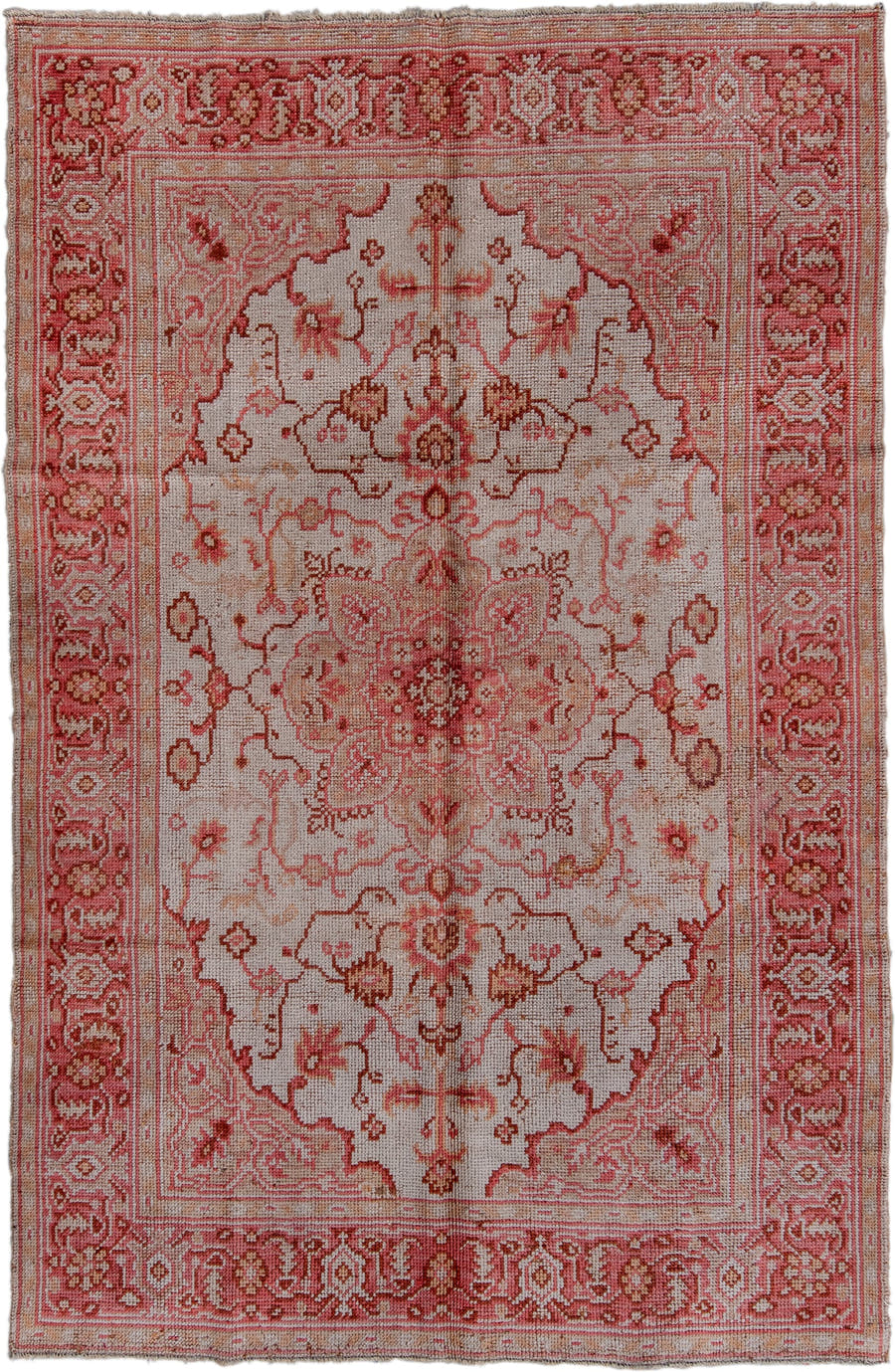 6' x 9' one-of-a-kind handmade vintage Oushak medium size rug. Color palette: ivory, rose, rust, blush, taupe, camel, pink