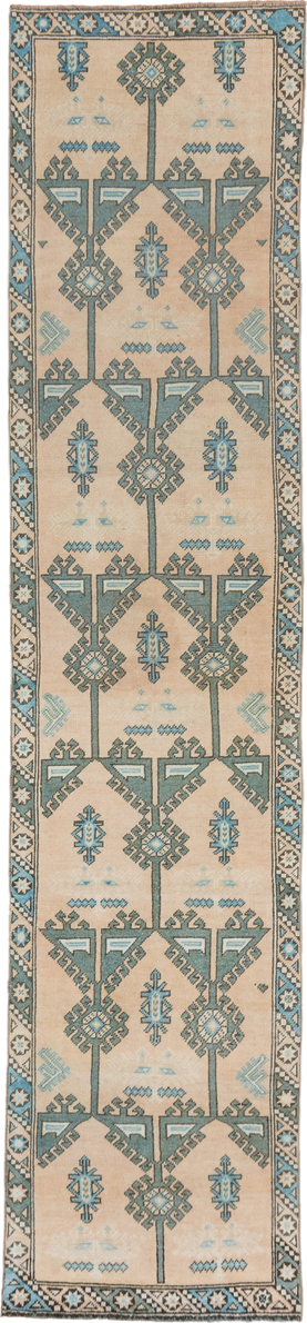 2' x 11' one-of-a-kind handmade antique Oushak runner rug. Color palette: ivory, aqua, taupe, beige, slate, camel, teal
