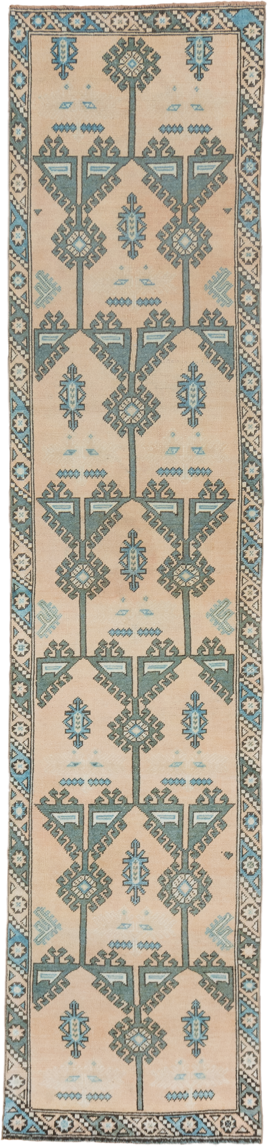 2' x 11' one-of-a-kind handmade antique Oushak runner rug. Color palette: ivory, aqua, taupe, beige, slate, camel, teal