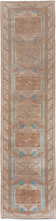 2' x 11' one-of-a-kind handmade antique Oushak runner rug. Color palette: ivory, blush, sky blue, taupe, camel, pink