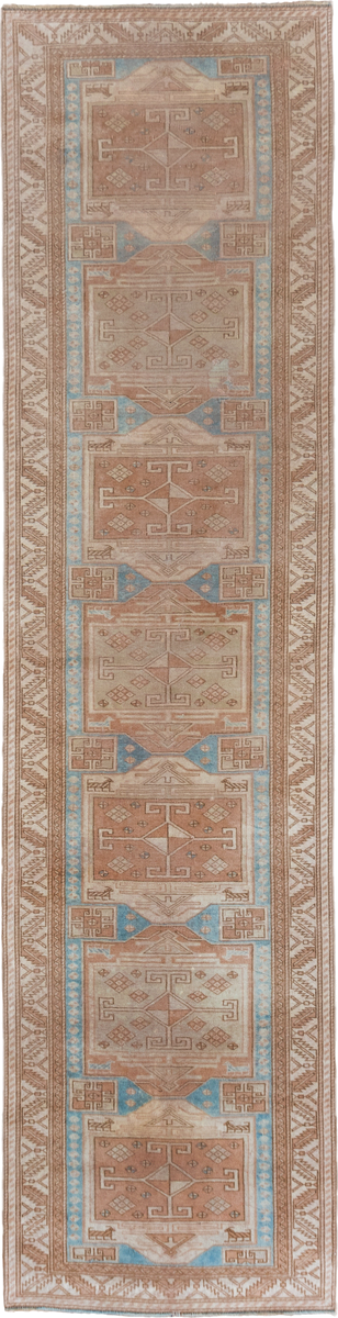 2' x 11' one-of-a-kind handmade antique Oushak runner rug. Color palette: ivory, blush, sky blue, taupe, camel, pink