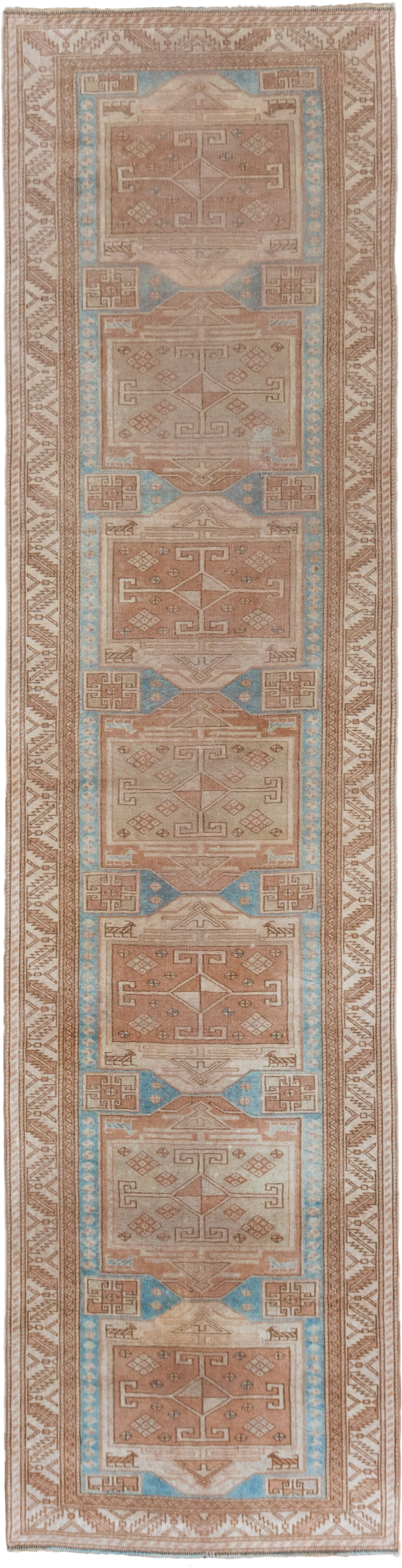 2' x 11' one-of-a-kind handmade antique Oushak runner rug. Color palette: ivory, blush, sky blue, taupe, camel, pink