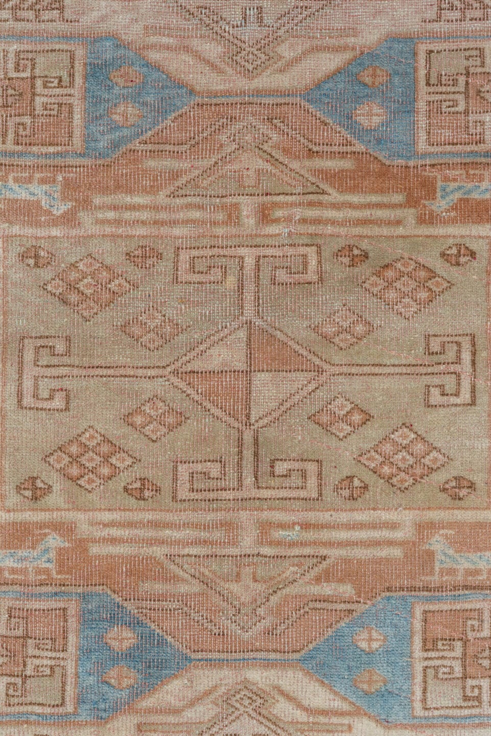2' x 11' one-of-a-kind handmade antique Oushak runner rug. Color palette: ivory, blush, sky blue, taupe, camel, pink