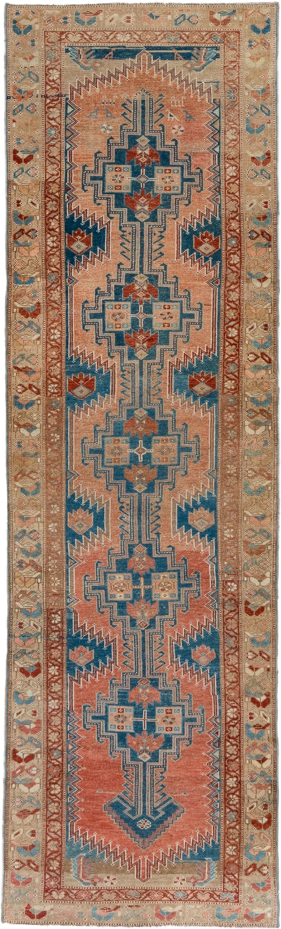 2' x 9' one-of-a-kind handmade vintage NW Persian runner rug. Color palette: salmon, ivory, teal, rust, camel, sky_blue