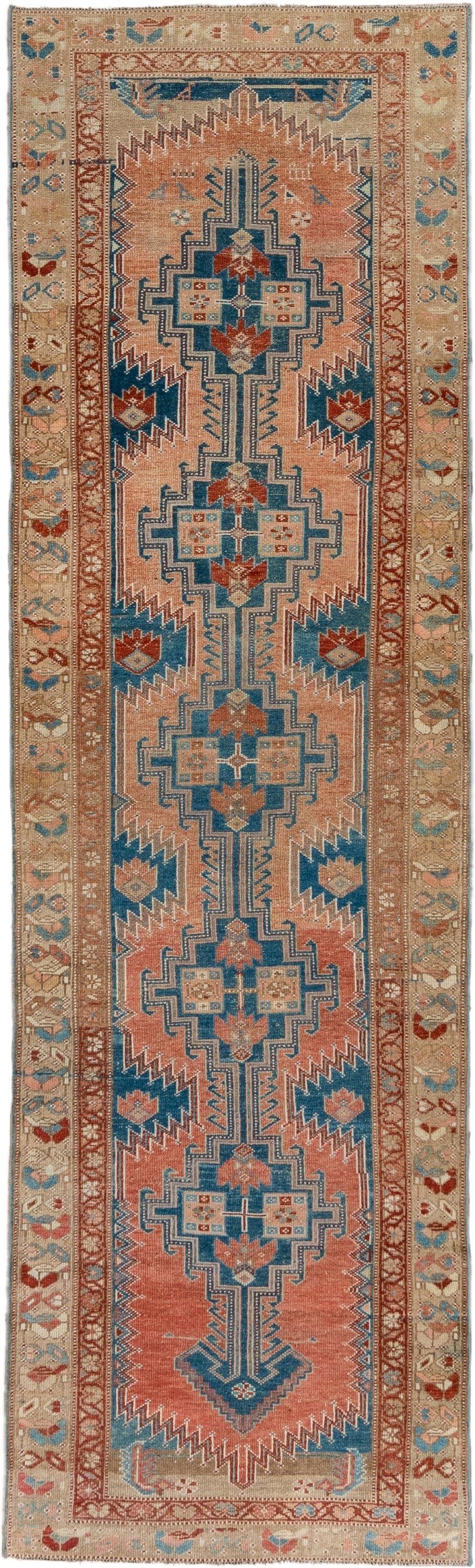 2' x 9' one-of-a-kind handmade vintage NW Persian runner rug. Color palette: salmon, ivory, teal, rust, camel, sky_blue