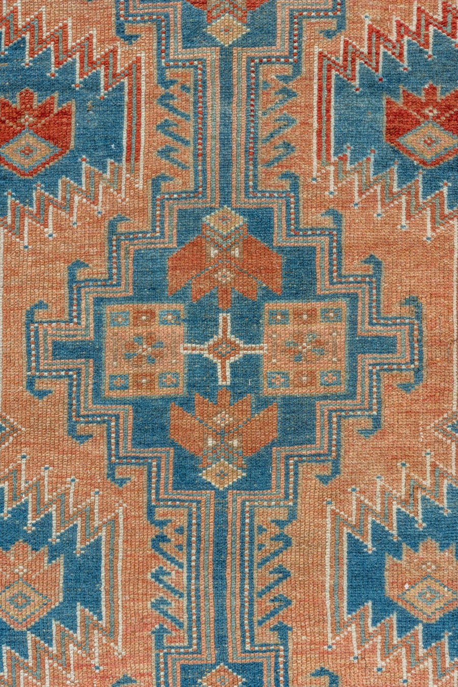 2' x 9' one-of-a-kind handmade vintage NW Persian runner rug. Color palette: salmon, ivory, teal, rust, camel, sky_blue