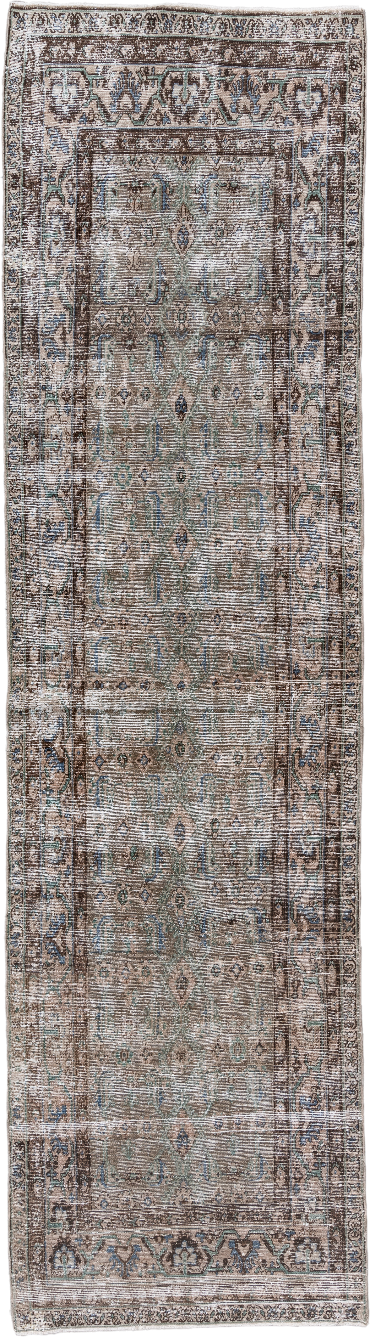 3' x 12' one-of-a-kind handmade antique Hamadan runner rug. Color palette: taupe, brown, ivory, blue, teal, charcoal, beige