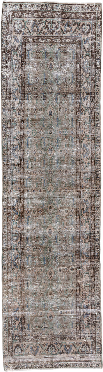 3' x 12' one-of-a-kind handmade antique Hamadan runner rug. Color palette: taupe, brown, ivory, blue, teal, charcoal, beige
