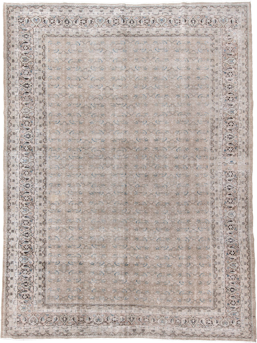 9' x 13' one-of-a-kind handmade vintage Mahal large size rug. Color palette: taupe, ivory, sky blue, charcoal, beige, cream
