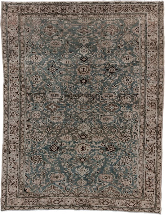 7' x 9' one-of-a-kind handmade antique Malayer rug. Color palette: blue, ivory, taupe, charcoal, gray, beige, black