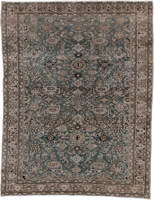 7' x 9' one-of-a-kind handmade antique Malayer rug. Color palette: blue, ivory, taupe, charcoal, gray, beige, black