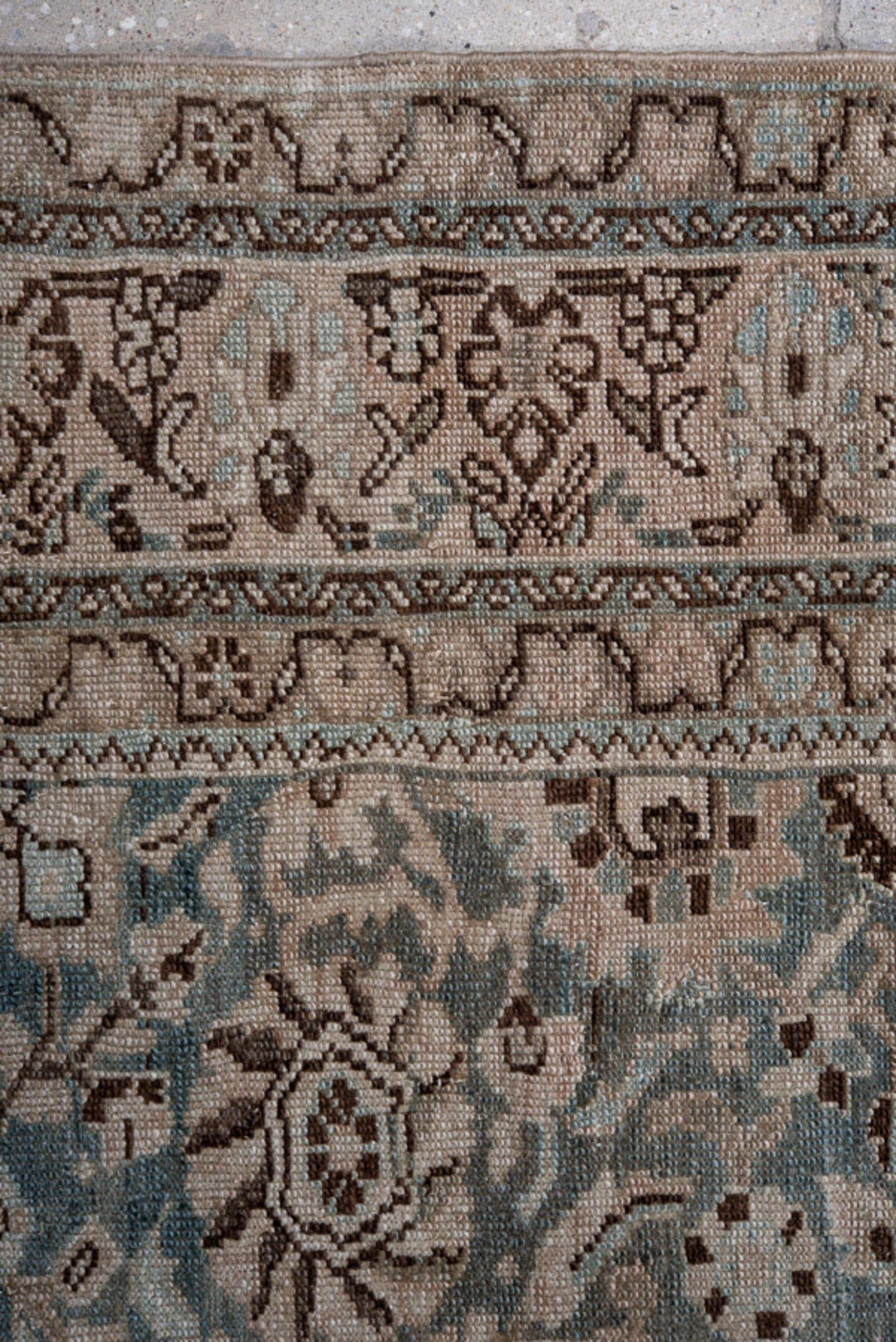 7' x 9' one-of-a-kind handmade antique Malayer rug. Color palette: blue, ivory, taupe, charcoal, gray, beige, black
