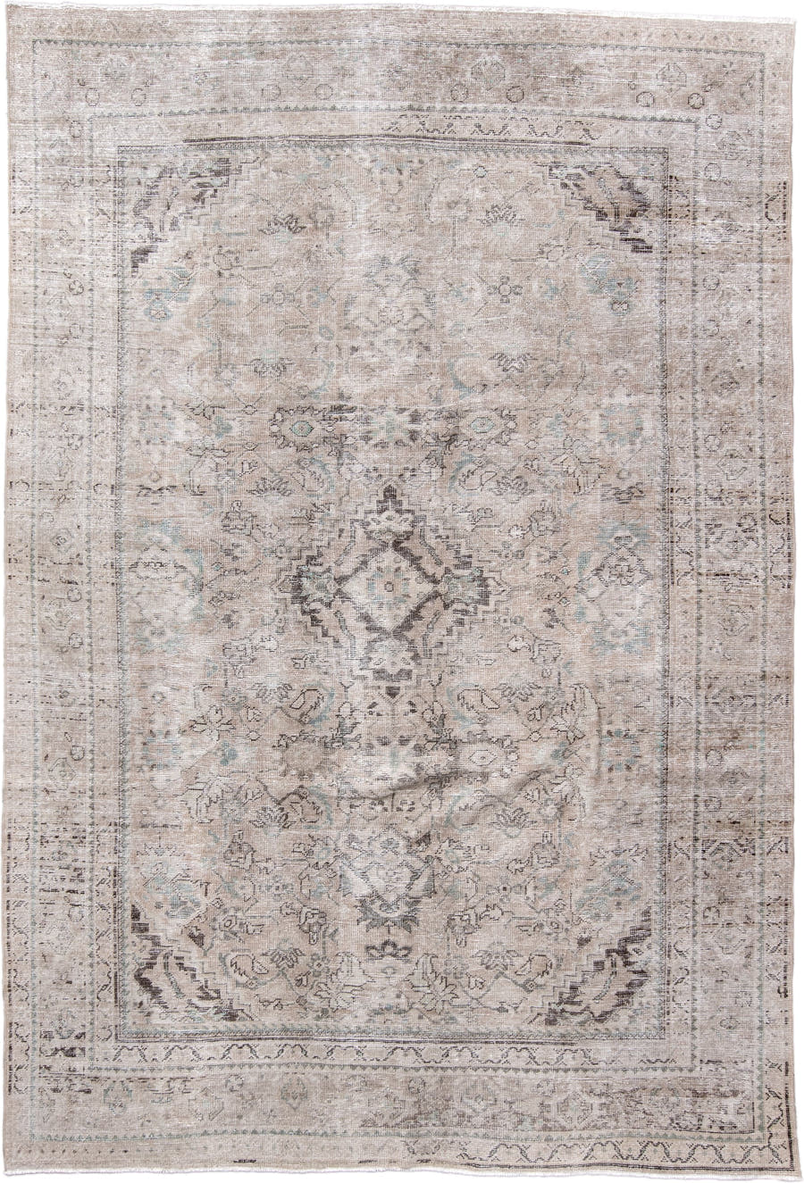 7' x 10' one-of-a-kind handmade vintage Mahal large size rug. Color palette: ivory, taupe, beige, pale blue, gray, charcoal