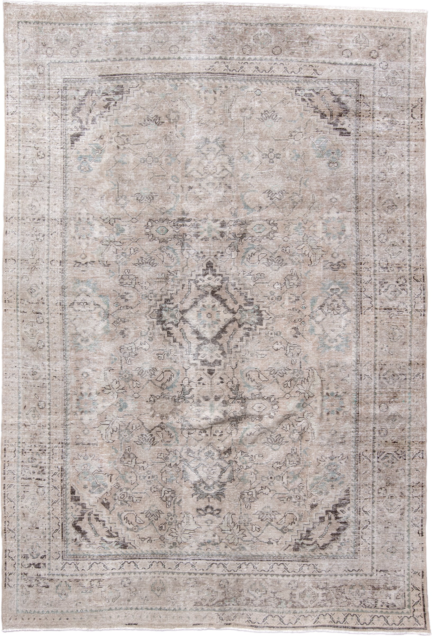 7' x 10' one-of-a-kind handmade vintage Mahal large size rug. Color palette: ivory, taupe, beige, pale blue, gray, charcoal