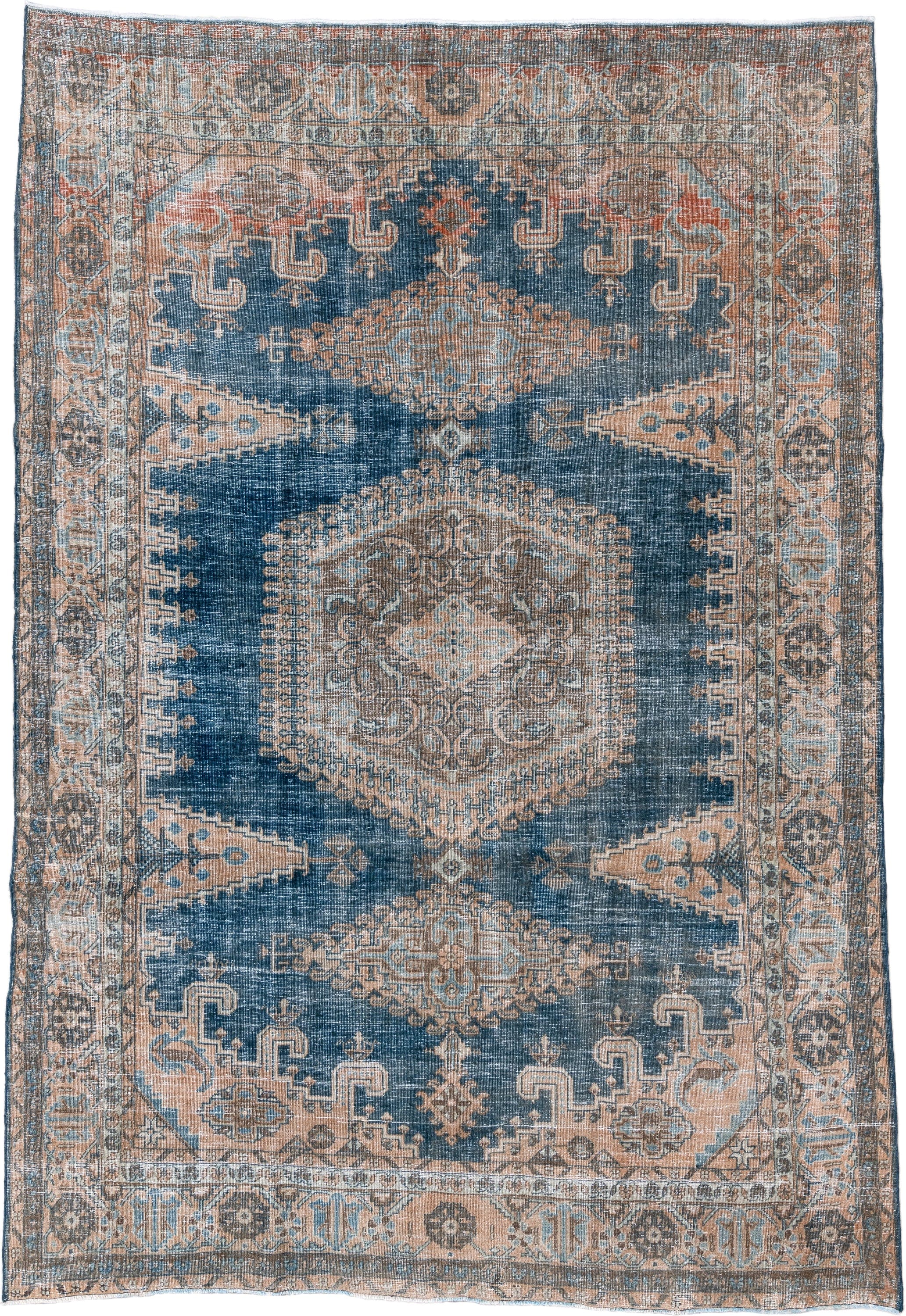 7' x 10' one-of-a-kind handmade antique Veece large size rug. Color palette: blue, ivory, taupe, rust, slate, camel, beige