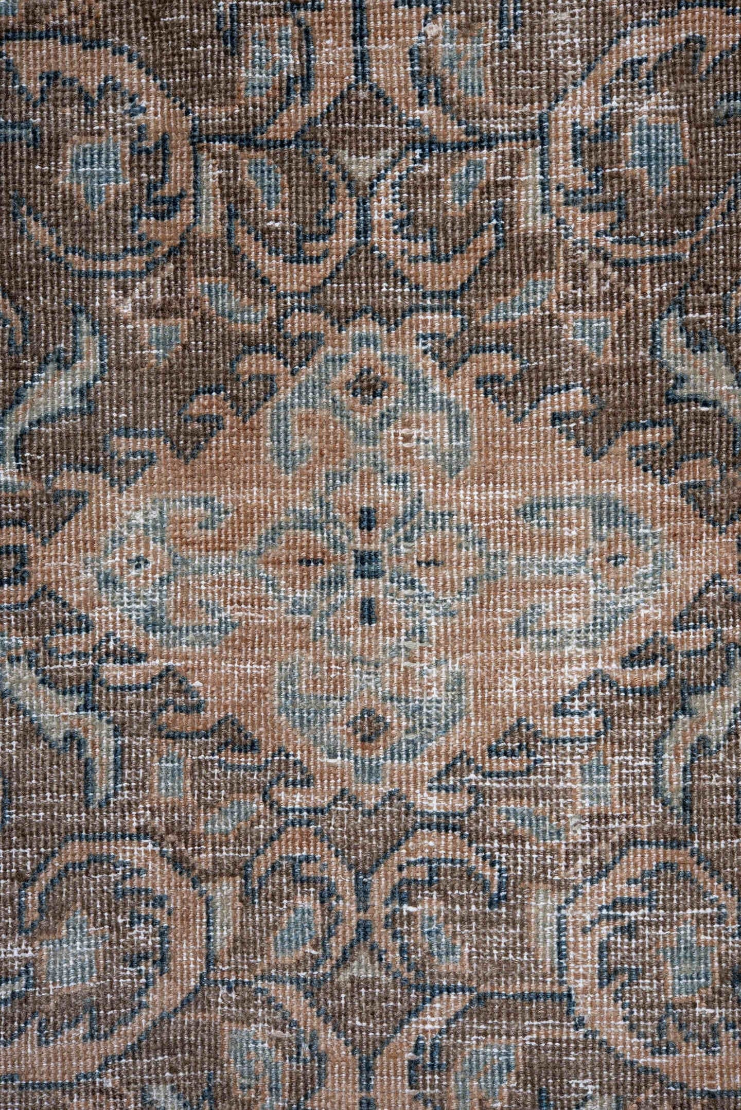 7' x 10' one-of-a-kind handmade antique Veece large size rug. Color palette: blue, ivory, taupe, rust, slate, camel, beige
