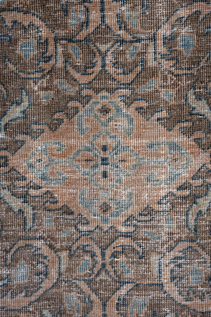7' x 10' one-of-a-kind handmade antique Veece large size rug. Color palette: blue, ivory, taupe, rust, slate, camel, beige