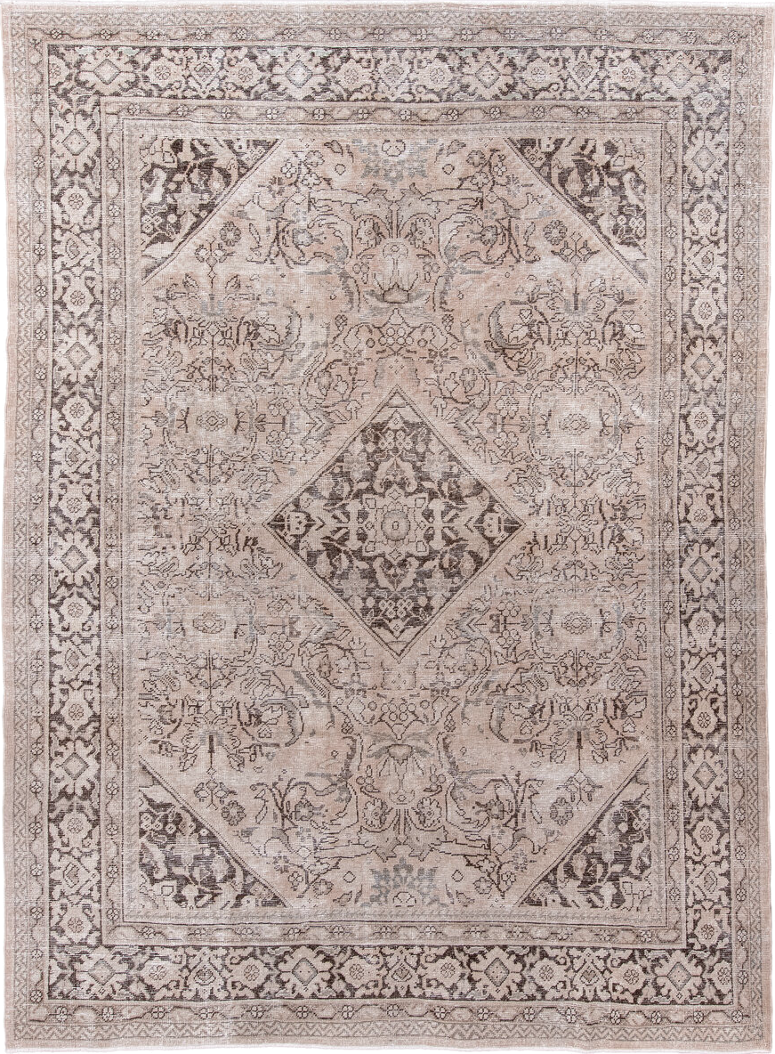 8' x 12' one-of-a-kind handmade antique Mahal large size rug. Color palette: ivory, taupe, charcoal, beige, blush, sand