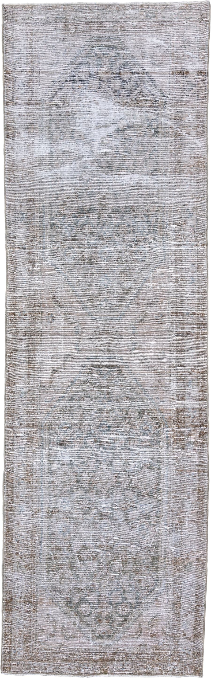 3' x 12' one-of-a-kind handmade antique Malayer runner rug. Color palette: taupe, ivory, pale blue, beige, stone, gray