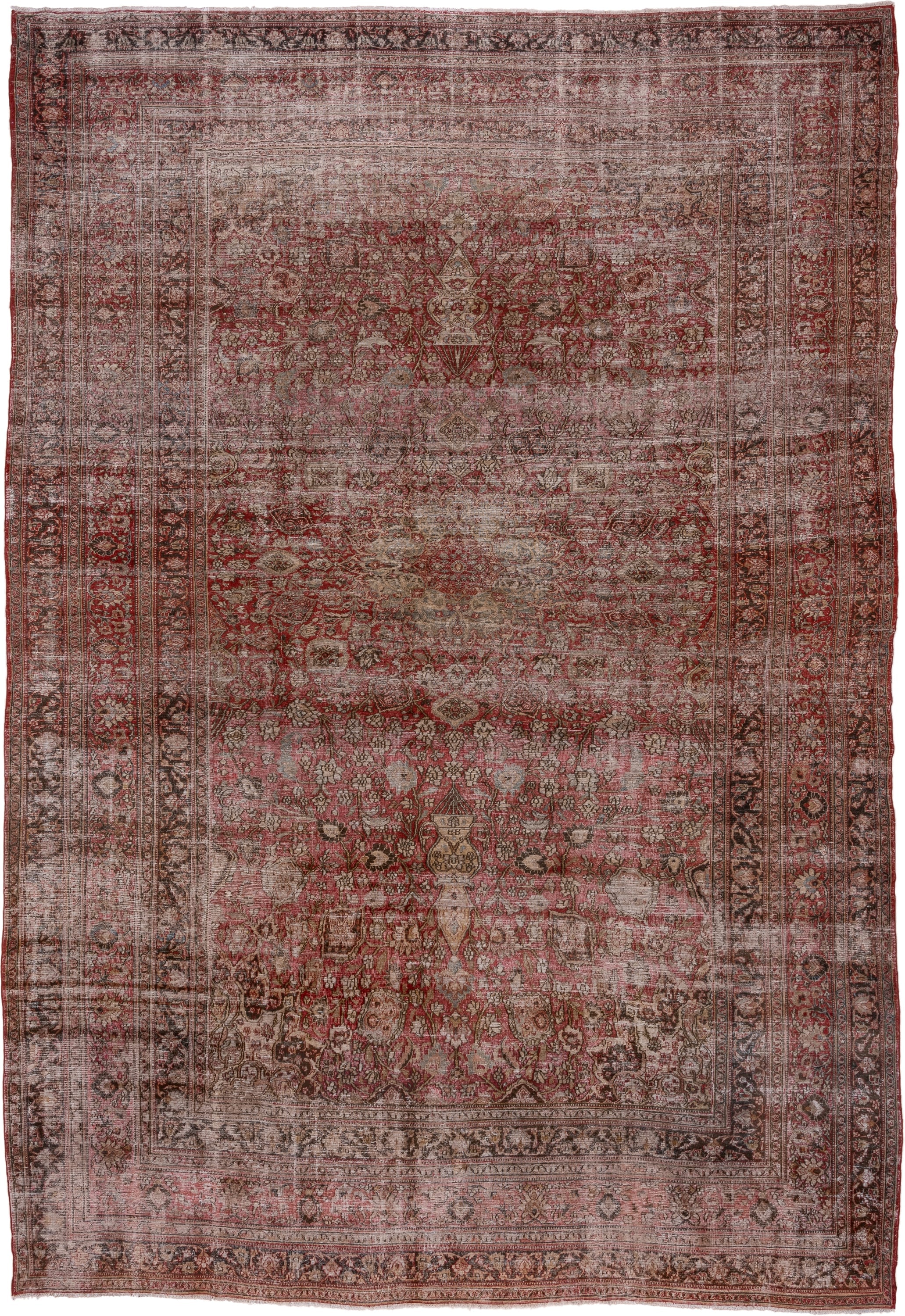 10' x 15' one-of-a-kind handmade antique Khorassan oversize rug. Color palette: rose, ivory, brown, dusty pink, taupe