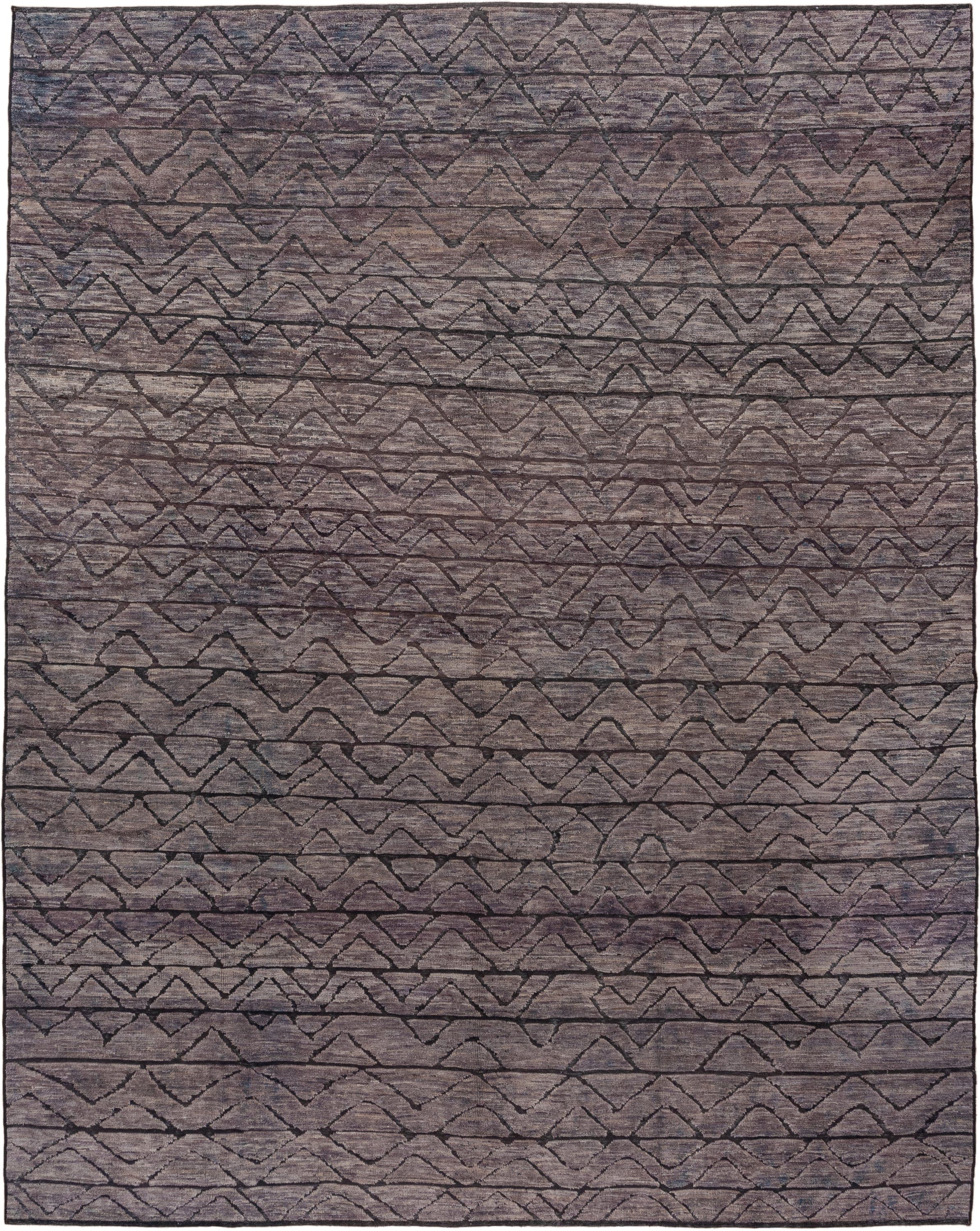 9' x 11' one-of-a-kind handmade vintage Tulu large size rug. Color palette: taupe, charcoal, slate, mauve, brown, beige