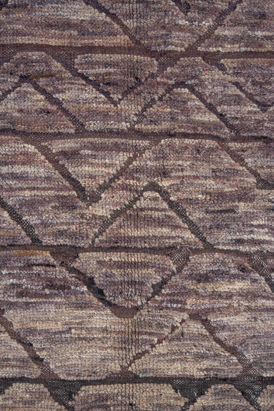 9' x 11' one-of-a-kind handmade vintage Tulu large size rug. Color palette: taupe, charcoal, slate, mauve, brown, beige