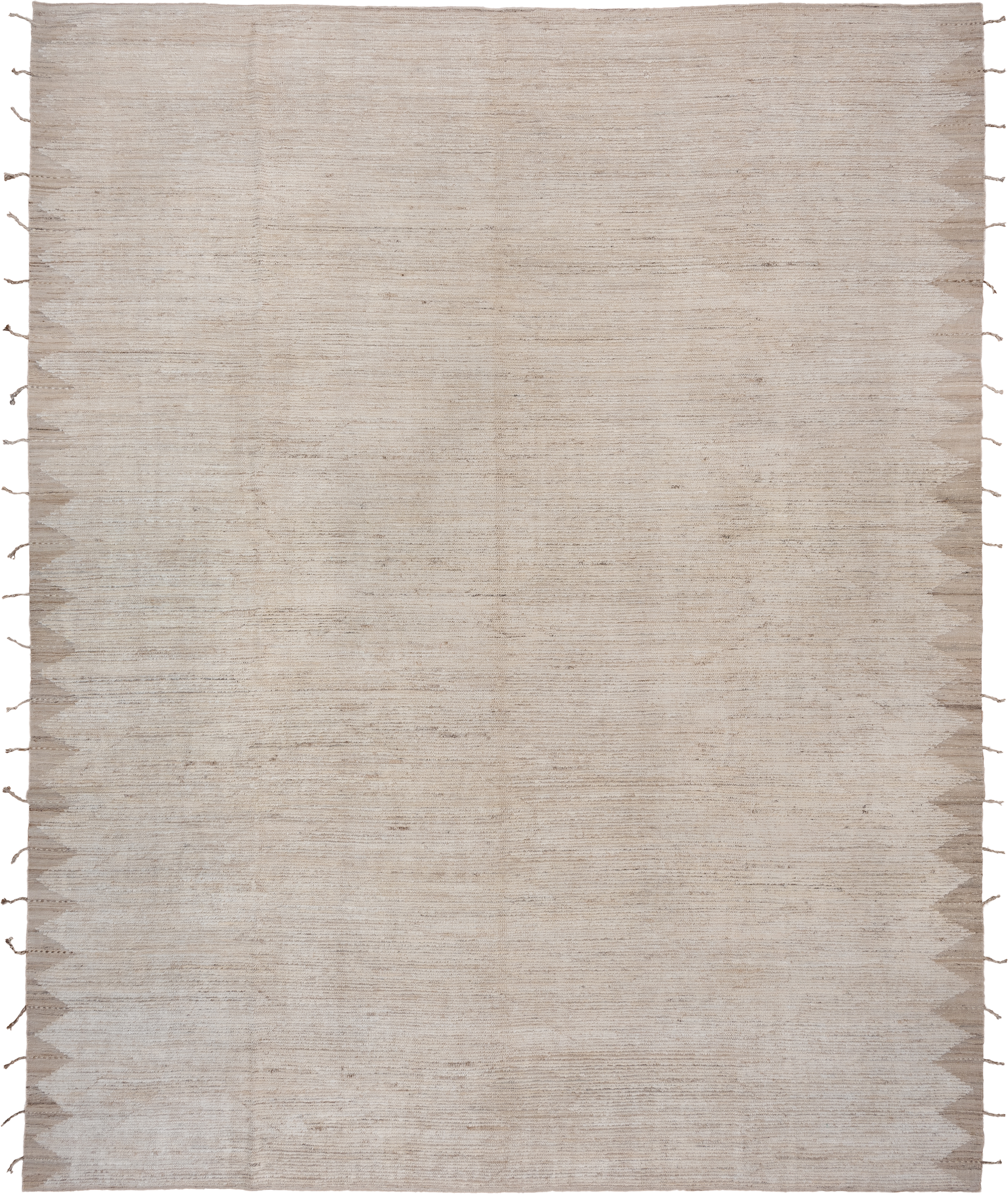11' x 15' one-of-a-kind handmade vintage Tulu oversize rug. Color palette: ivory, cream, taupe, beige, camel, gray