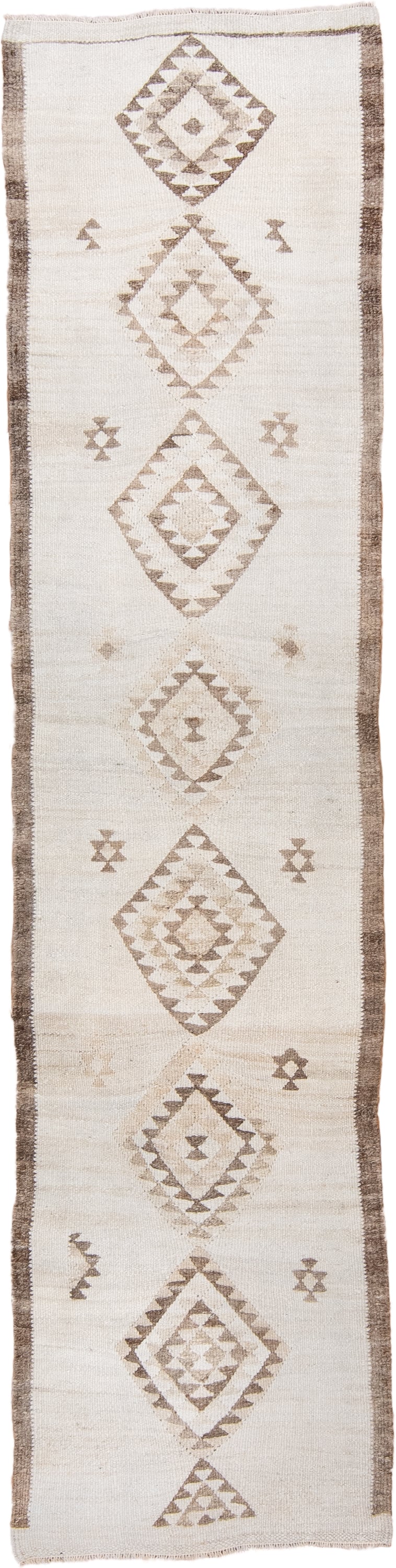 2' x 11' one-of-a-kind handmade antique Kilim runner rug. Color palette: ivory, taupe, brown, beige, gray