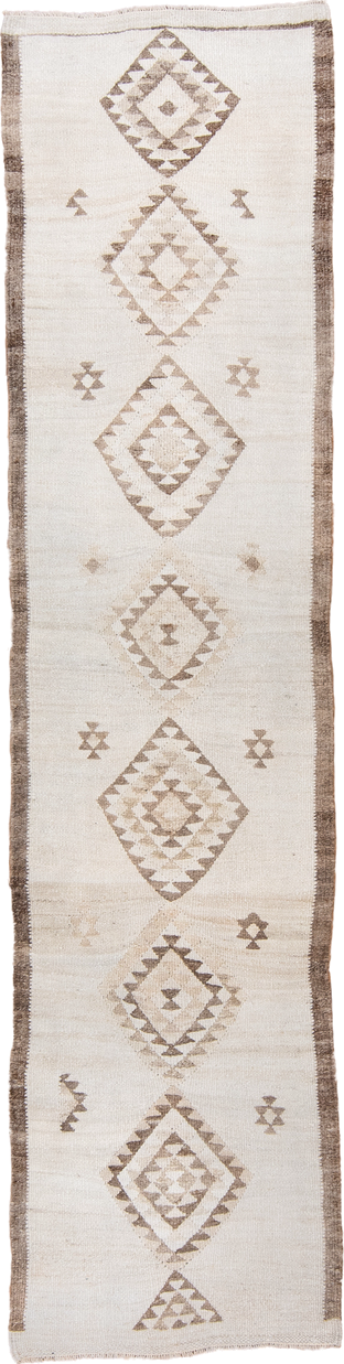 2' x 11' one-of-a-kind handmade antique Kilim runner rug. Color palette: ivory, taupe, brown, beige, gray