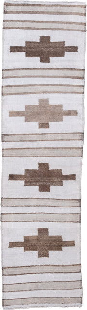 2' x 10' one-of-a-kind handmade antique Kilim runner rug. Color palette: ivory, taupe, camel, brown, beige, gray
