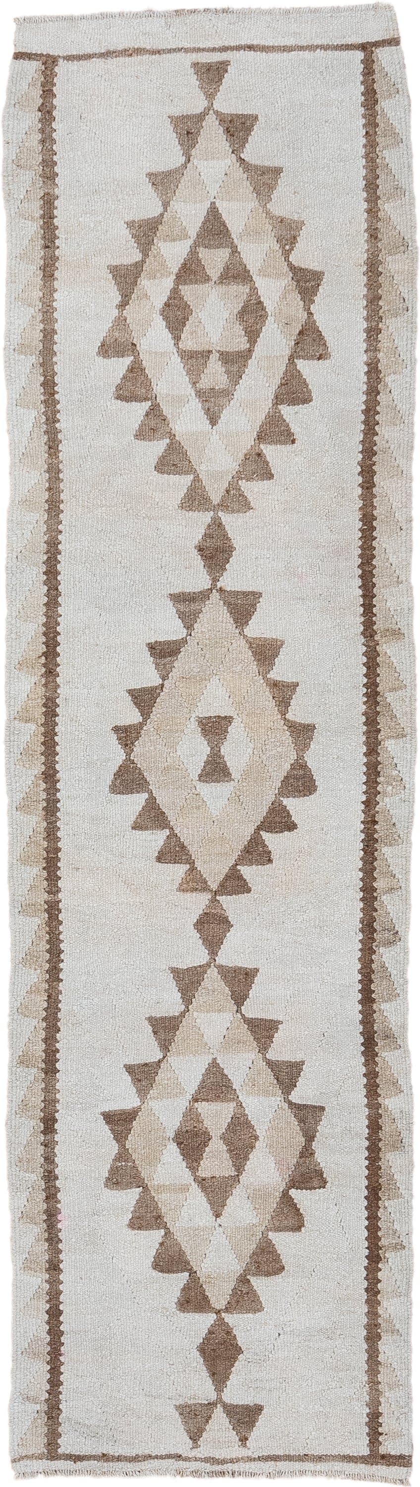 2' x 9' one-of-a-kind handmade antique Kilim runner rug. Color palette: ivory, taupe, beige, camel, gray