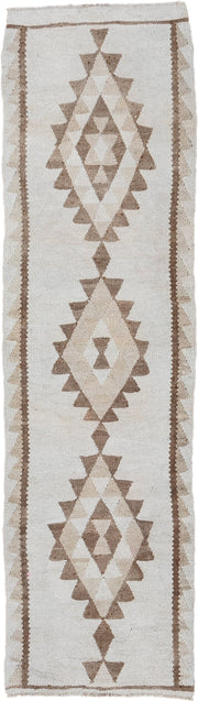 2' x 9' one-of-a-kind handmade antique Kilim runner rug. Color palette: ivory, taupe, beige, camel, gray