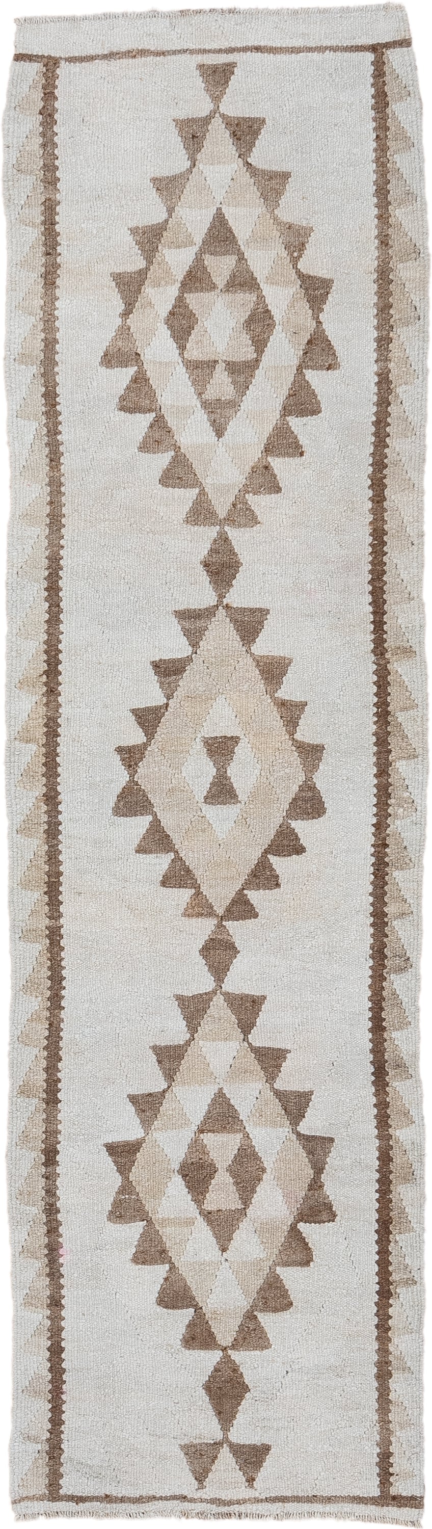 2' x 9' one-of-a-kind handmade antique Kilim runner rug. Color palette: ivory, taupe, beige, camel, gray