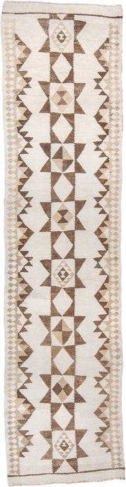 2' x 11' one-of-a-kind handmade antique Kilim runner rug. Color palette: ivory, taupe, camel, beige, gray